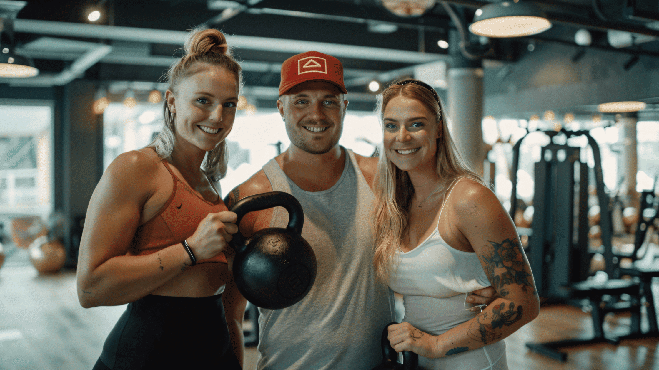 friends training at the gym, building muscle with smaller weights